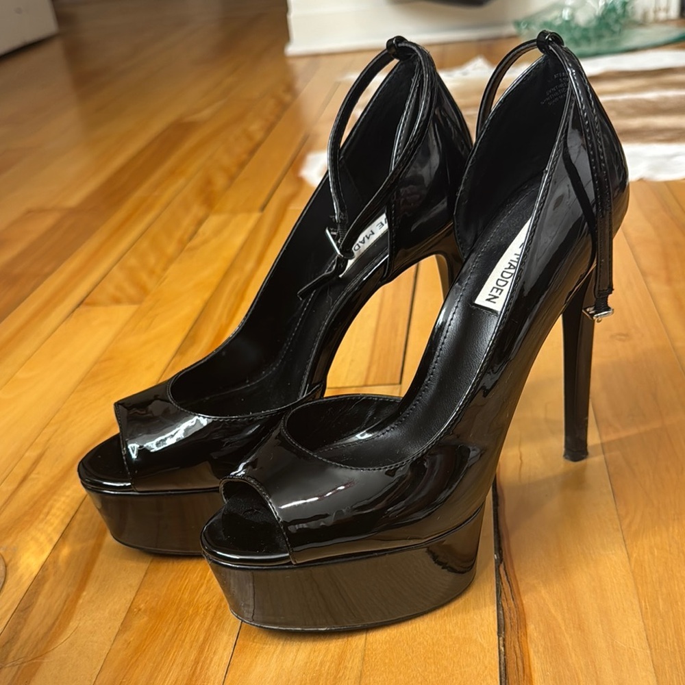 Elegant Black Patent Leather Peep-Toe Heels